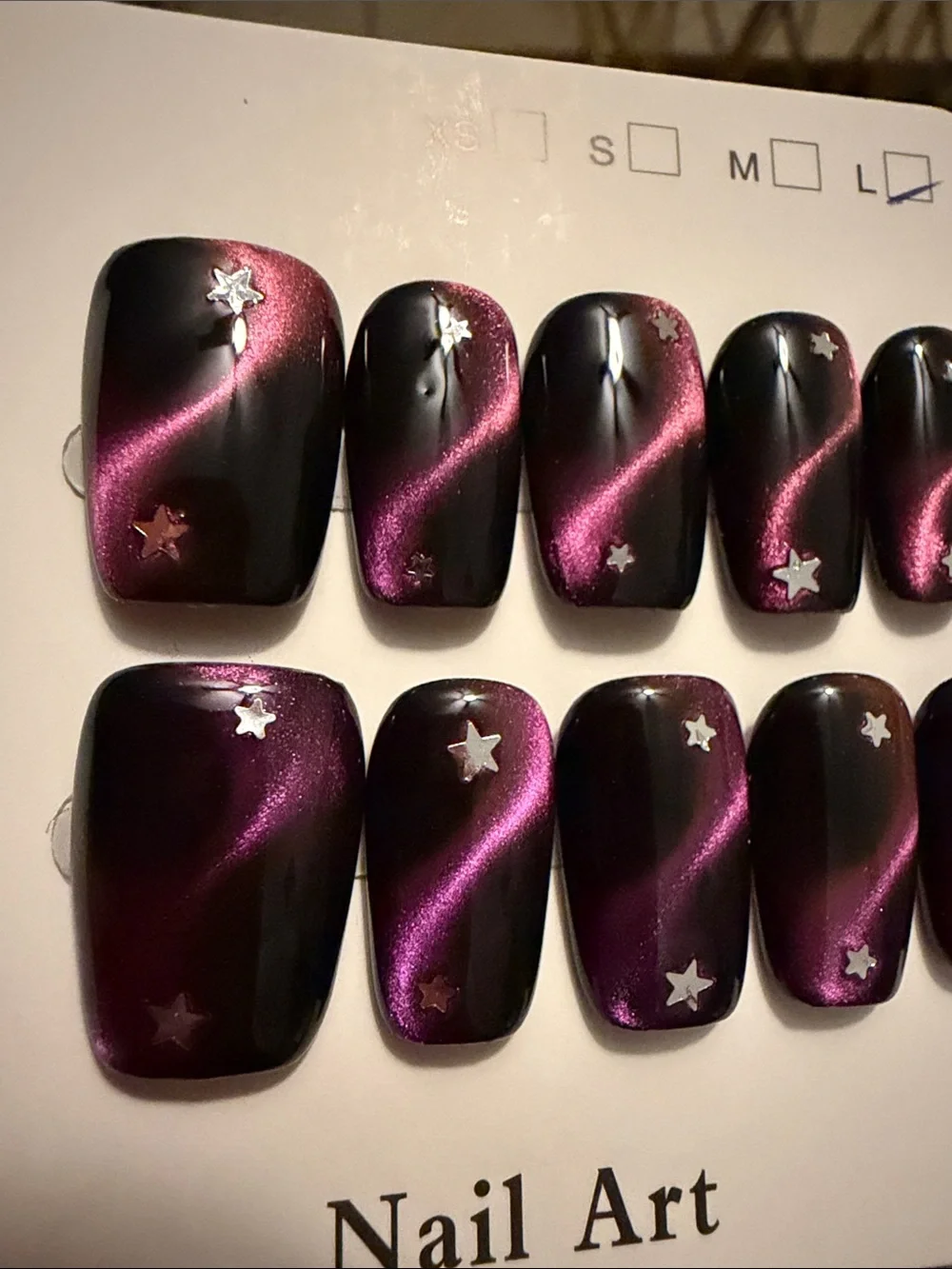 Dark Purple Cat Eye handmade acrylic Press-On Nails with Star Accents